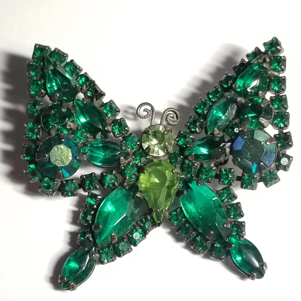 Vintage butterfly brooch green rhinestones pin moth insect bug jewelry p…